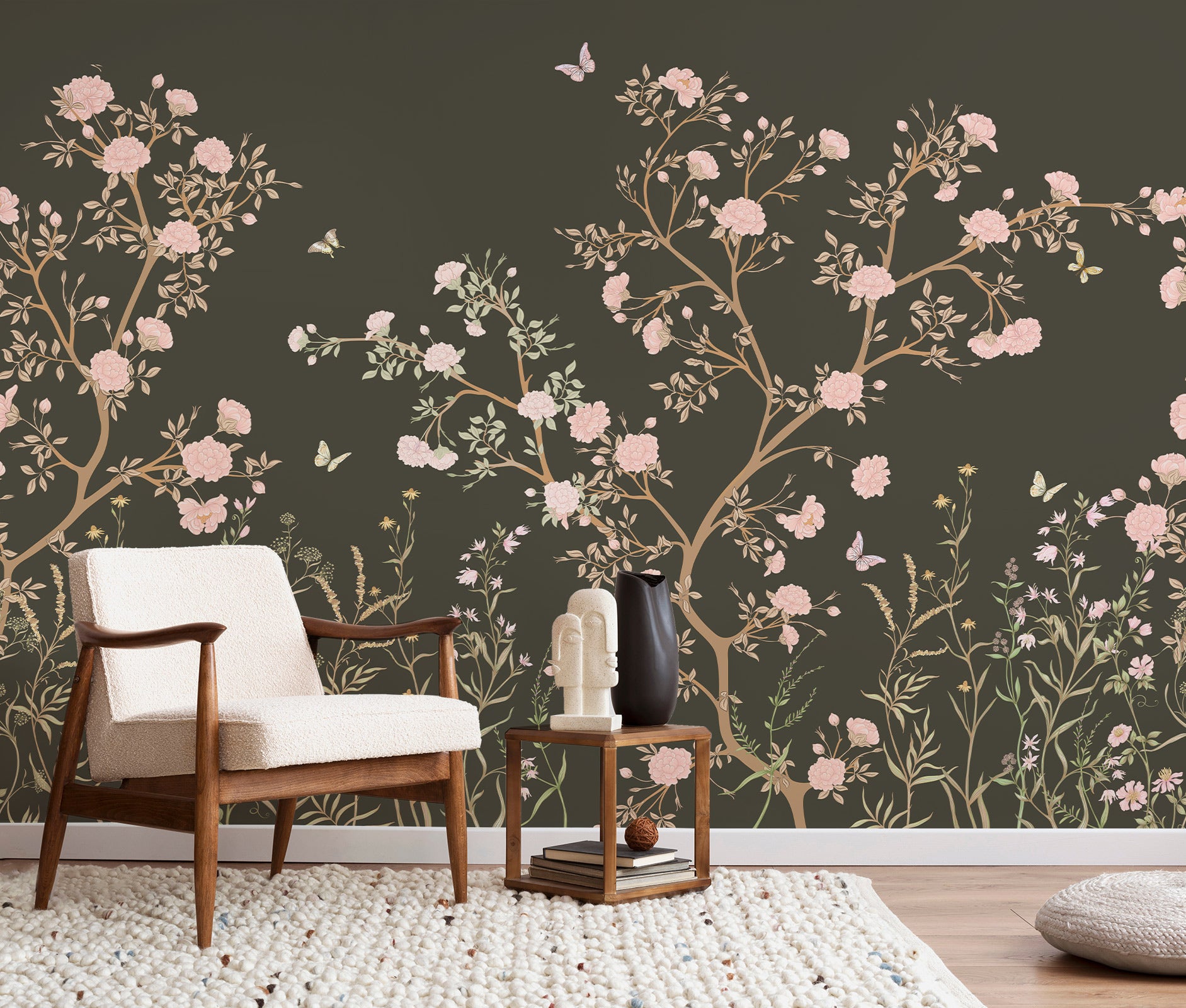 Blossom Chinoiserie Trees With Butterfly Wallpaper