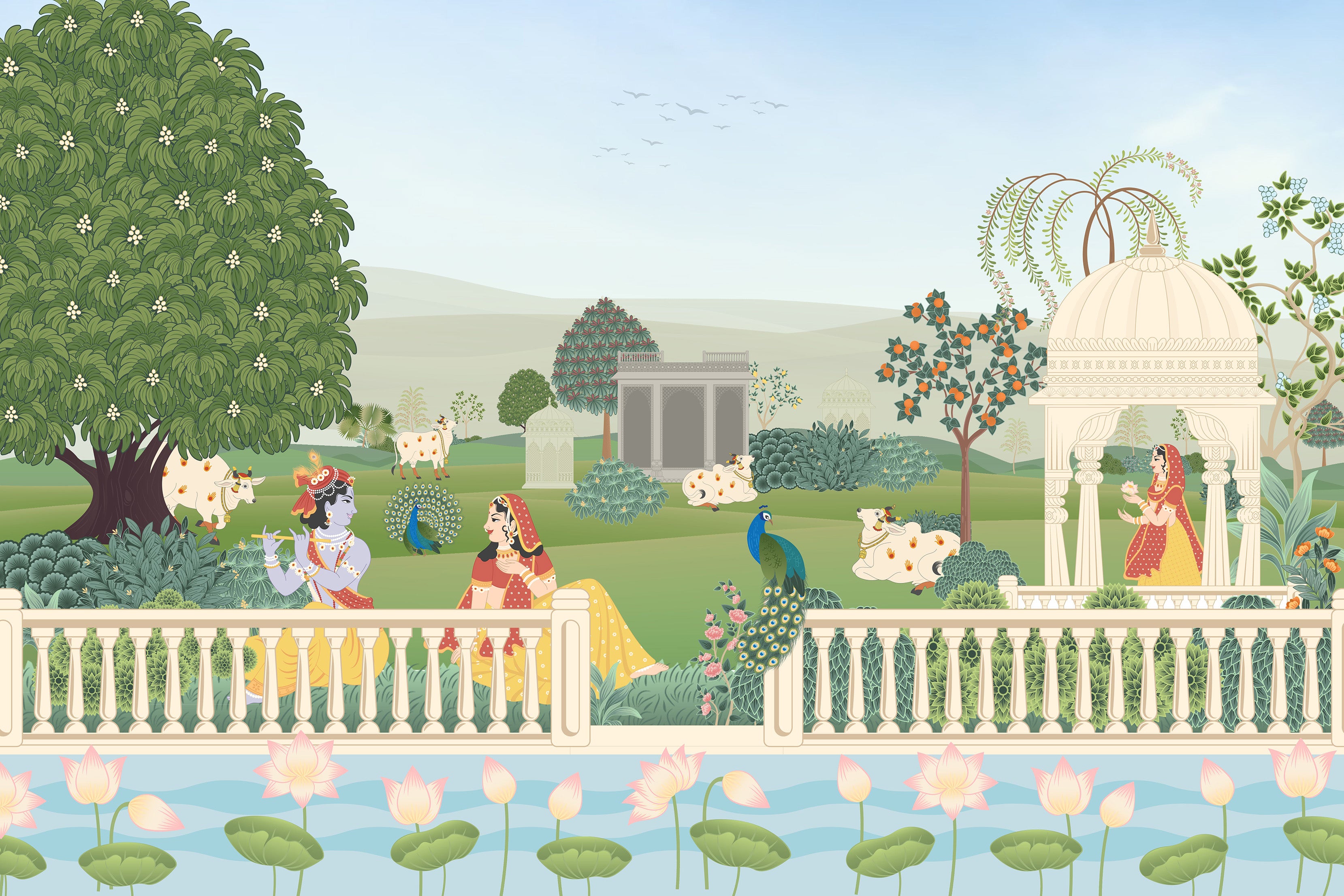 Radha Krishna Garden Pichwai Custom Design Wallpaper