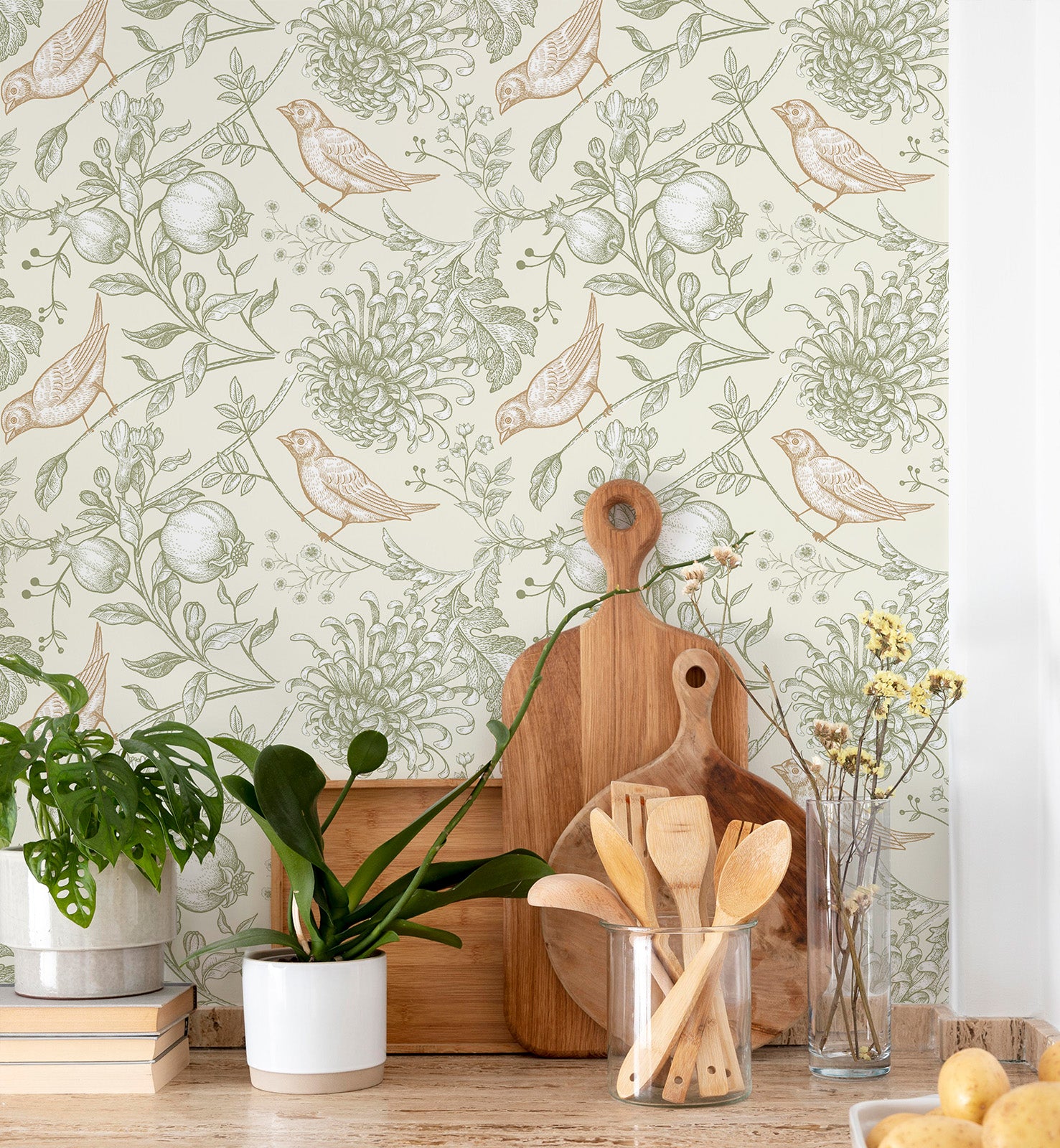 Vintage Botanical Birds & Pomegranate Wallpaper