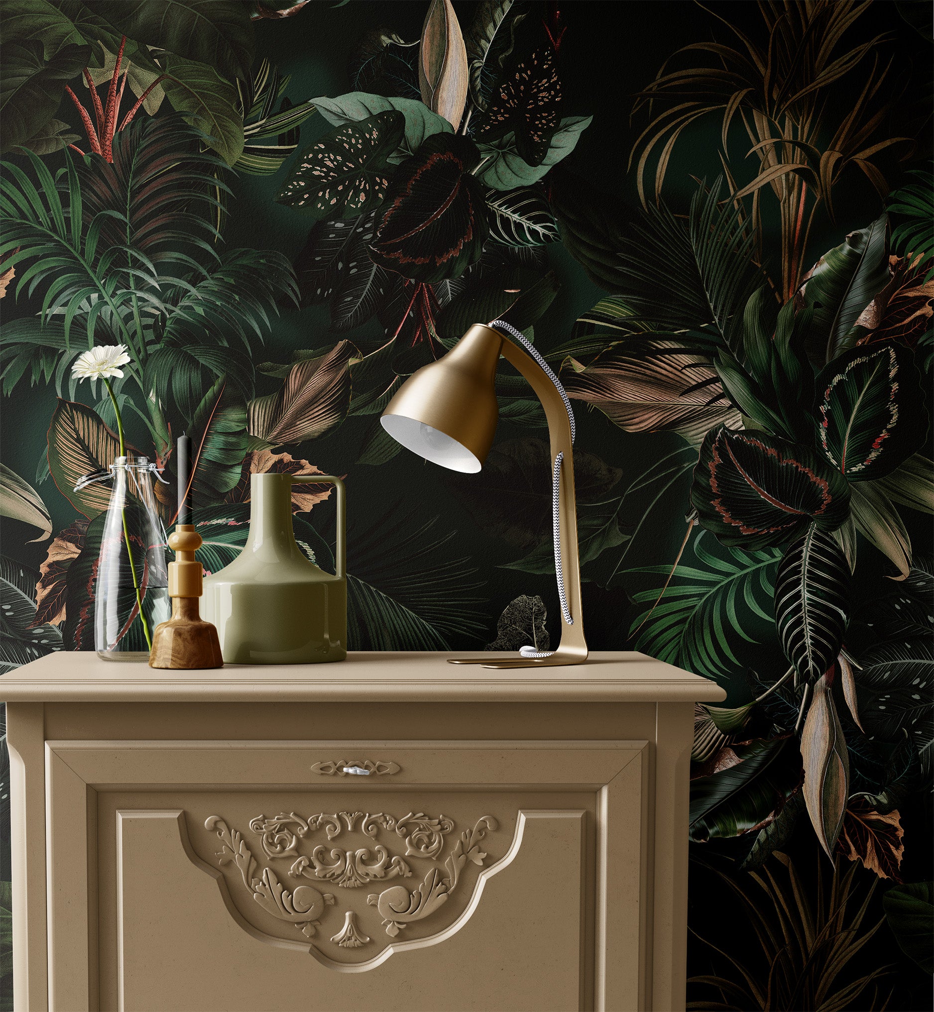 Moody Tropical Palm & Exotic Leaves Wallpaper