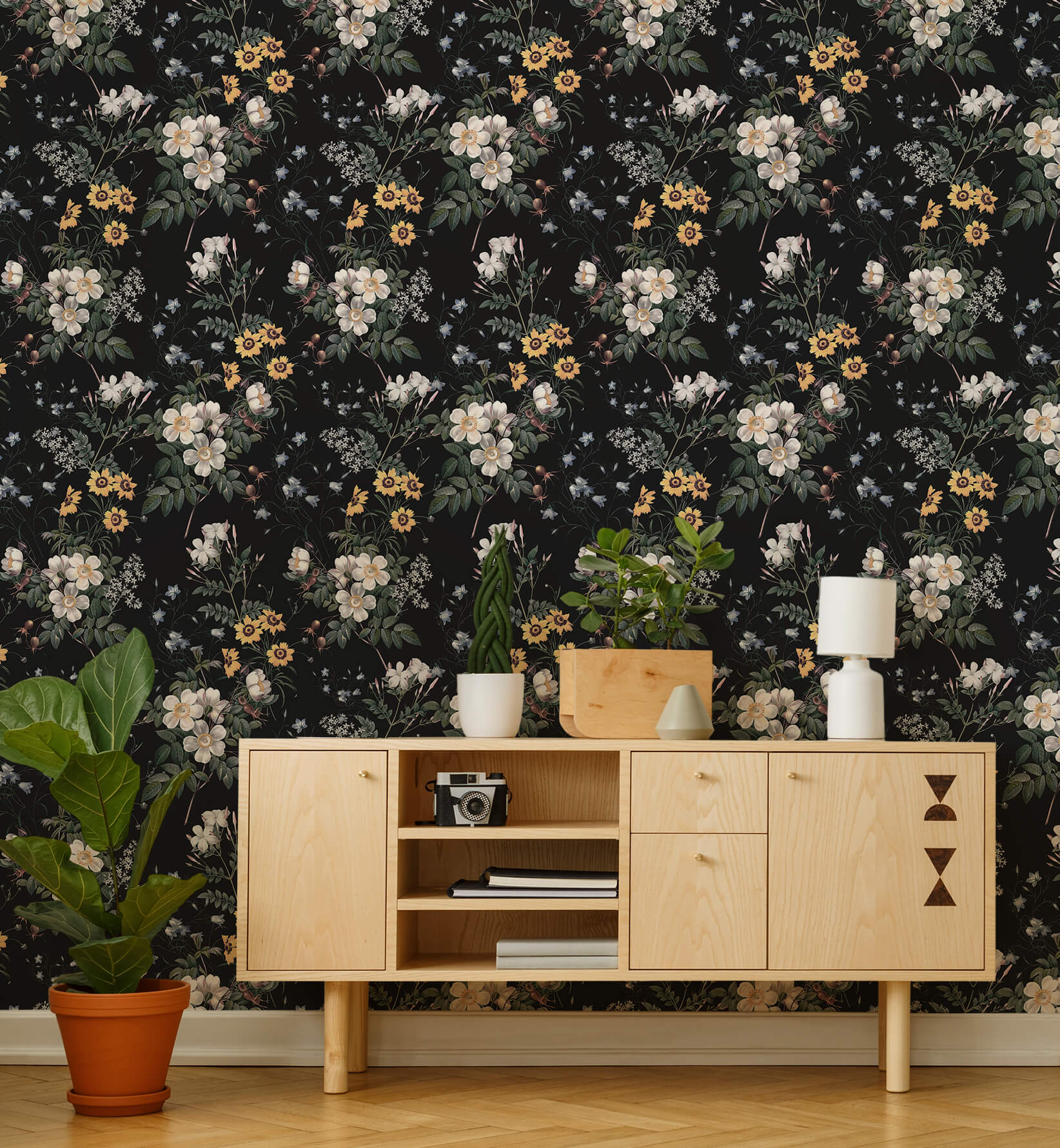 Night Luxury White Flower Pattern Wallpaper