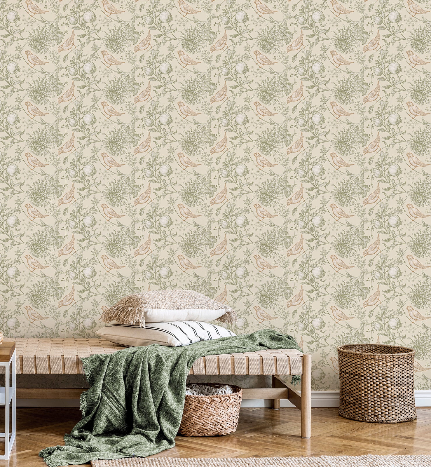 Vintage Botanical Birds & Pomegranate Wallpaper
