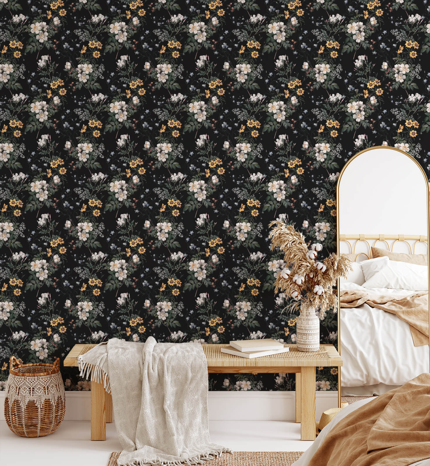 Night Luxury White Flower Pattern Wallpaper