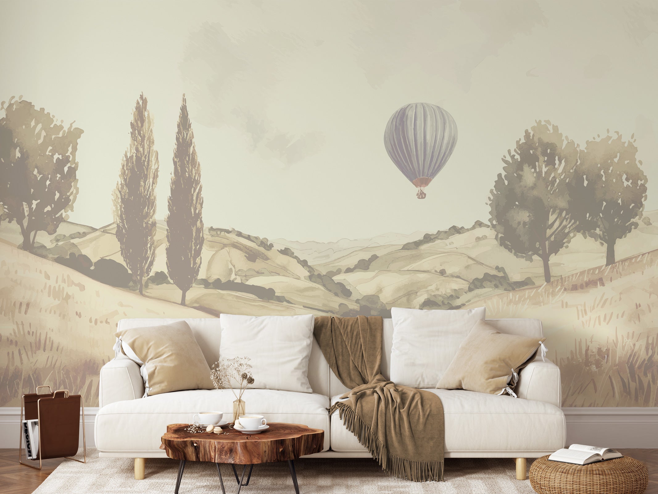 Vintage Hot Air Balloon Landscape Wallpaper