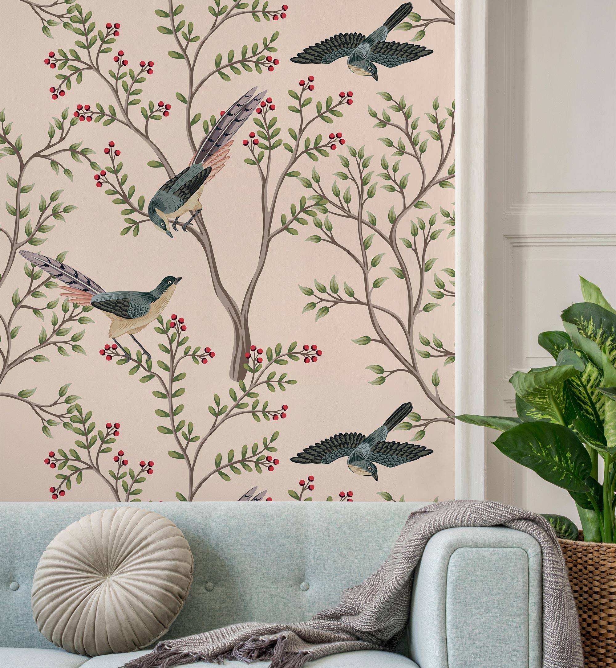 Birds Tree Branch Floral Wallpaper