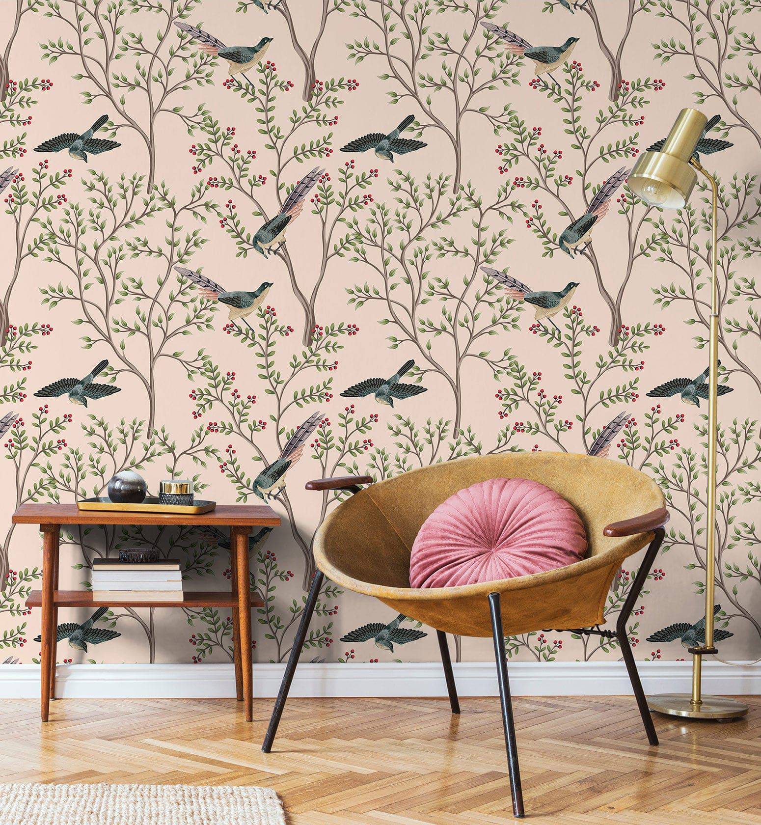 Birds on Tree Branch Floral Wallpaper