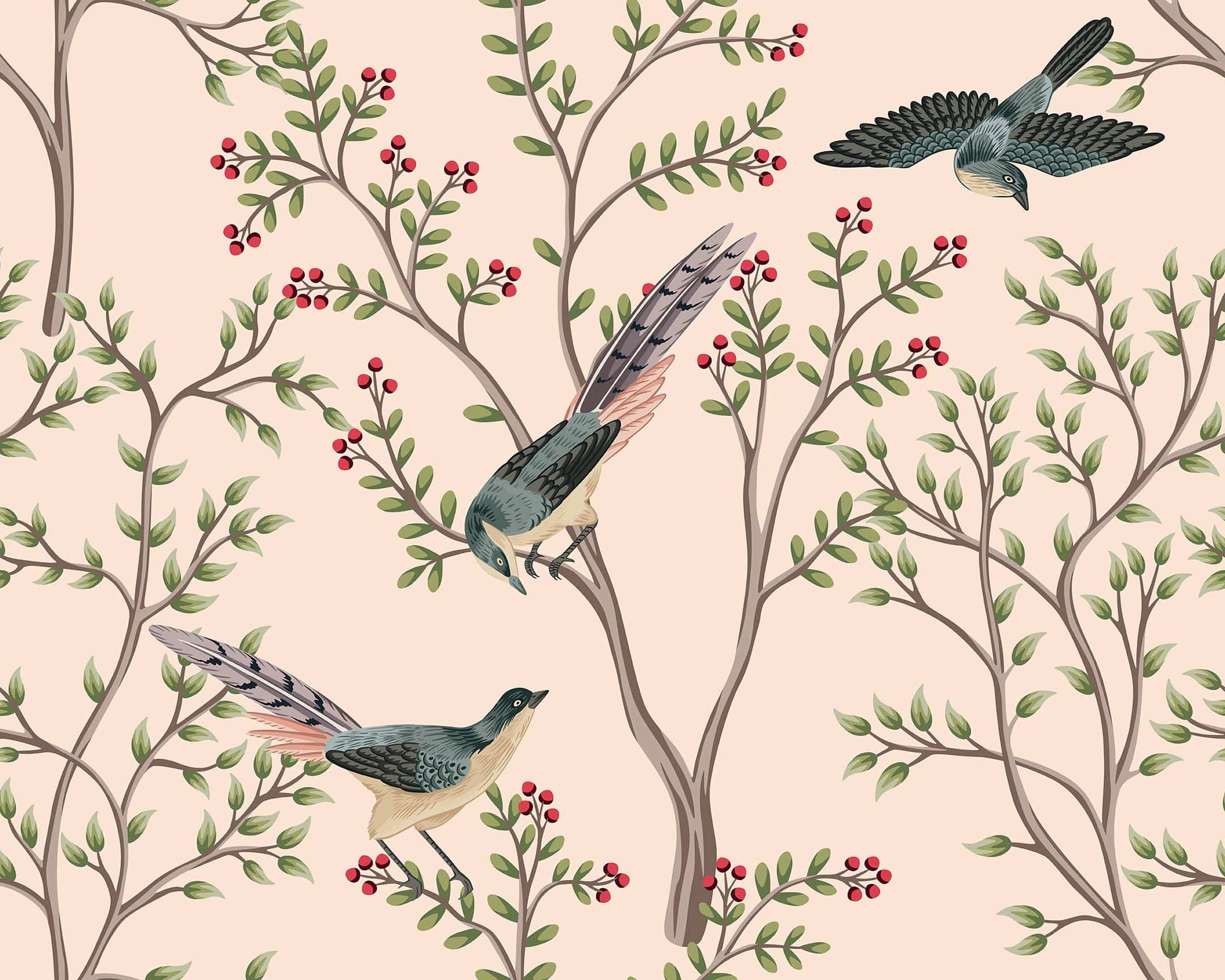 Birds Tree Branch Floral Wallpaper