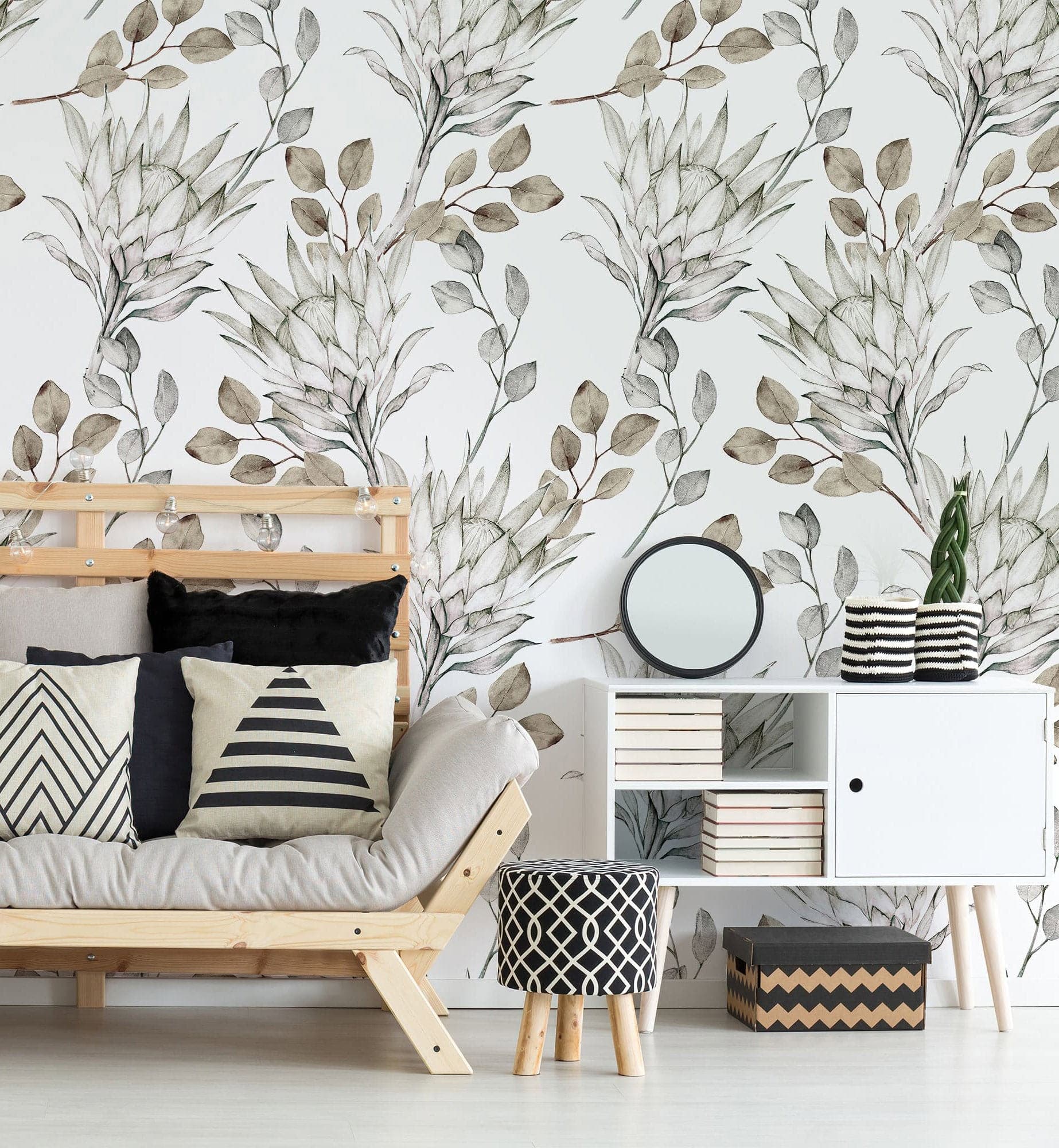 Watercolor Eucalyptus Leaves Living Room Wallpaper