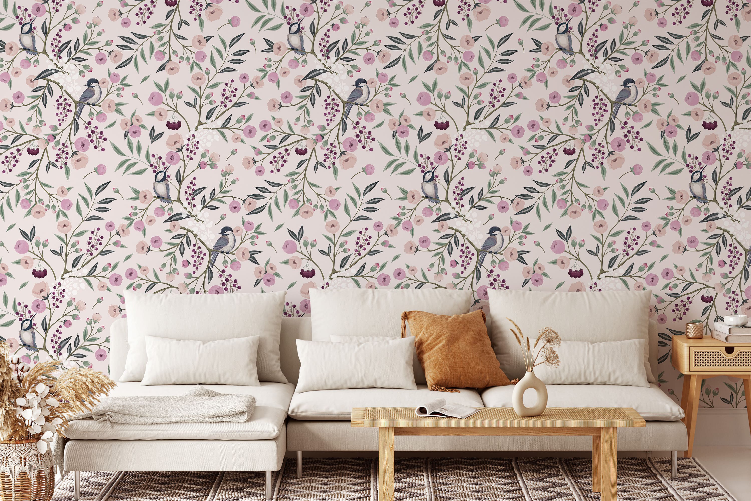 Botanical Bird Floral Wallpaper