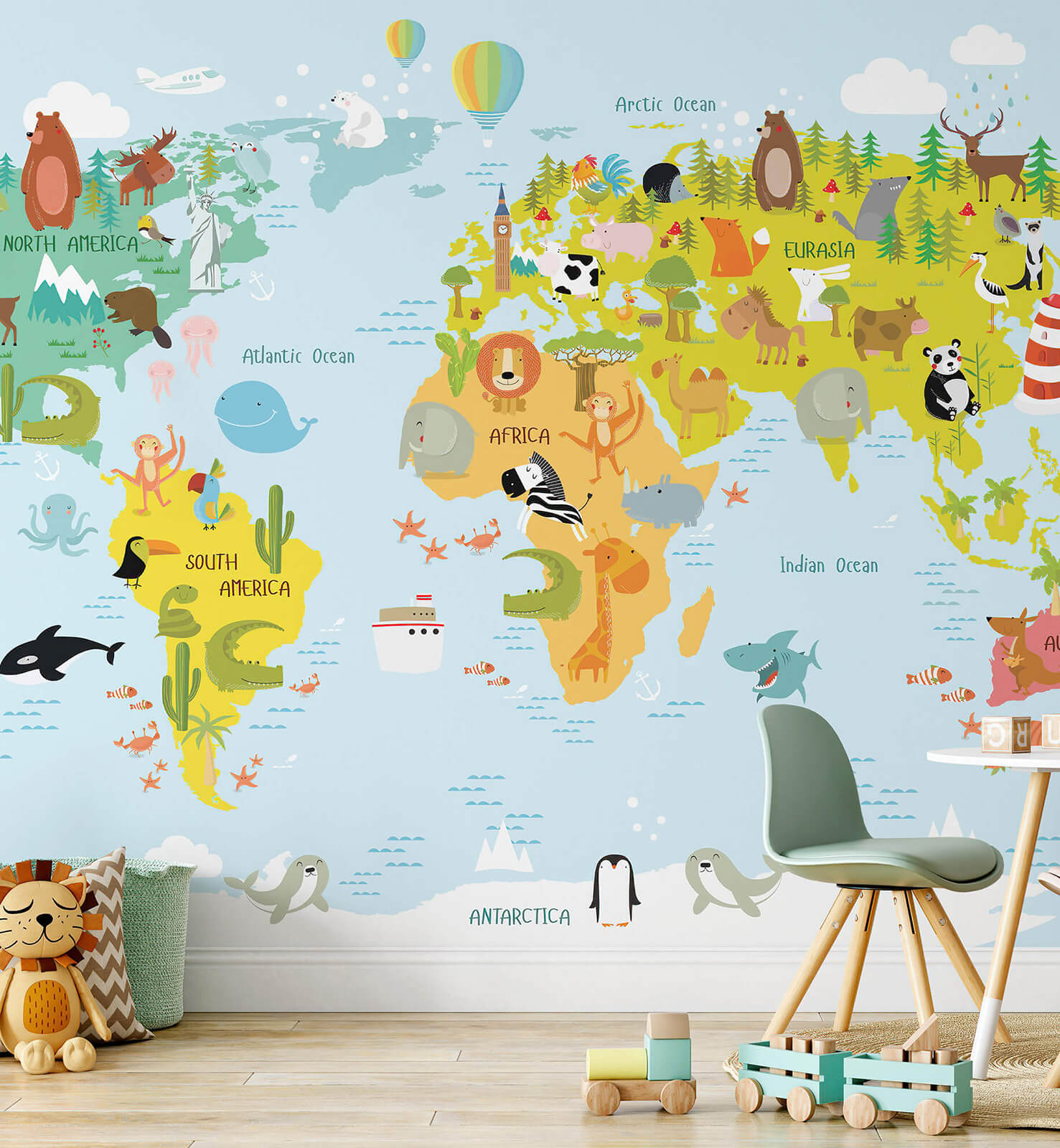 World Map with Animals Wallpaper for Kids Room