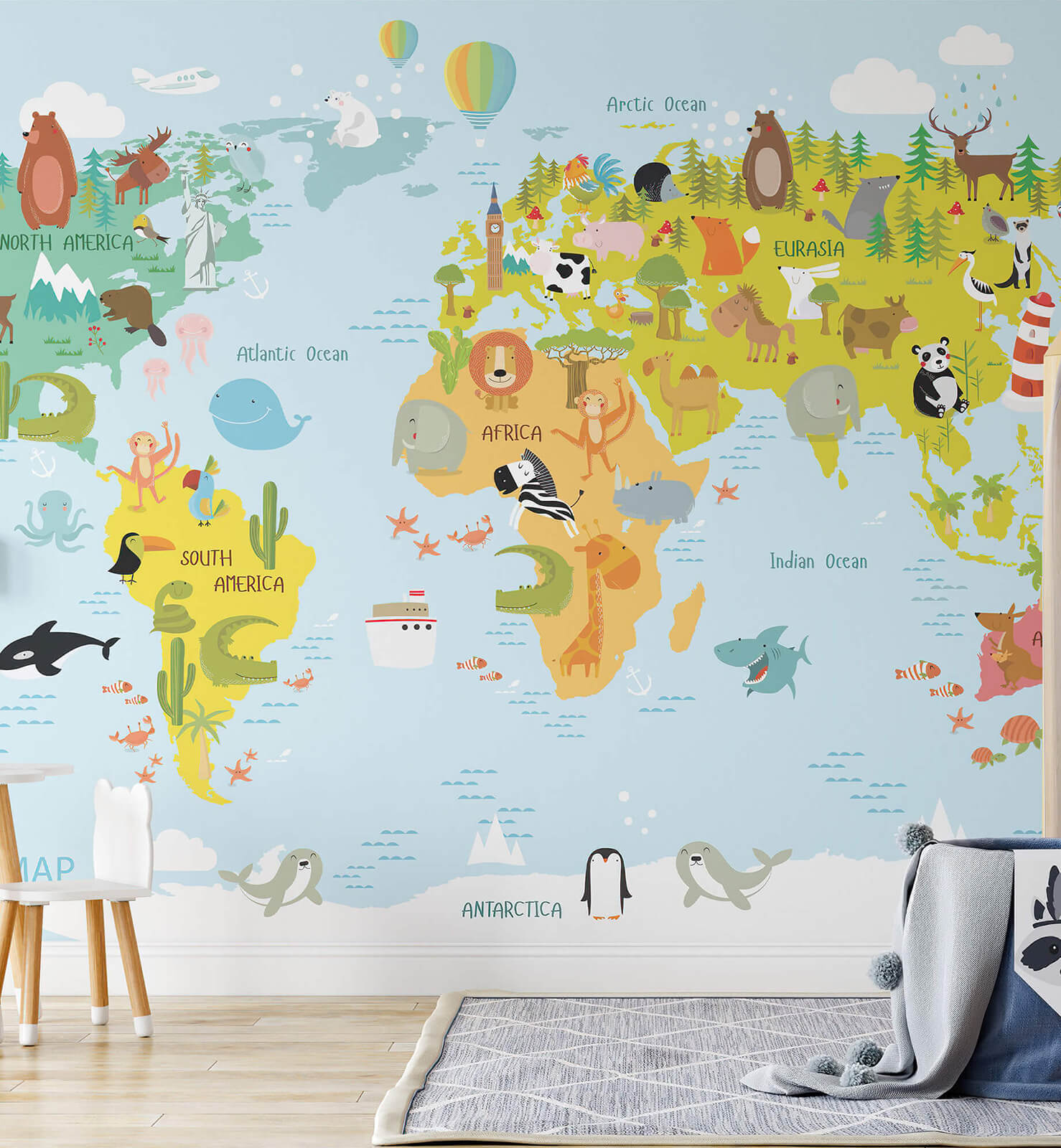Blue World Map Wallpaper for Kids Room Walls