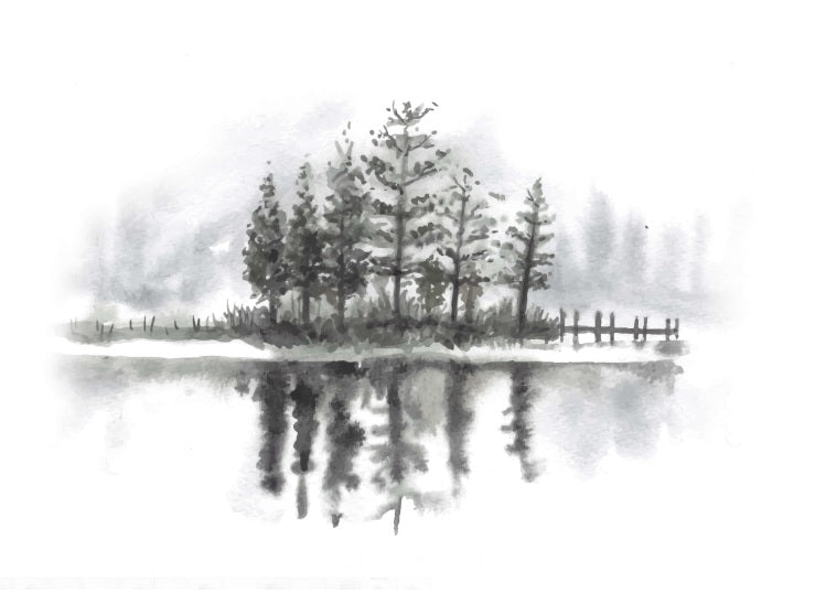 Black Pine Trees With Lake Watercolor Wallpaper
