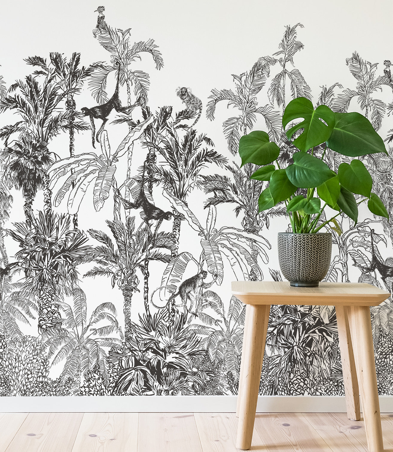 Black And White Jungle Tropical Mural Wallpaper