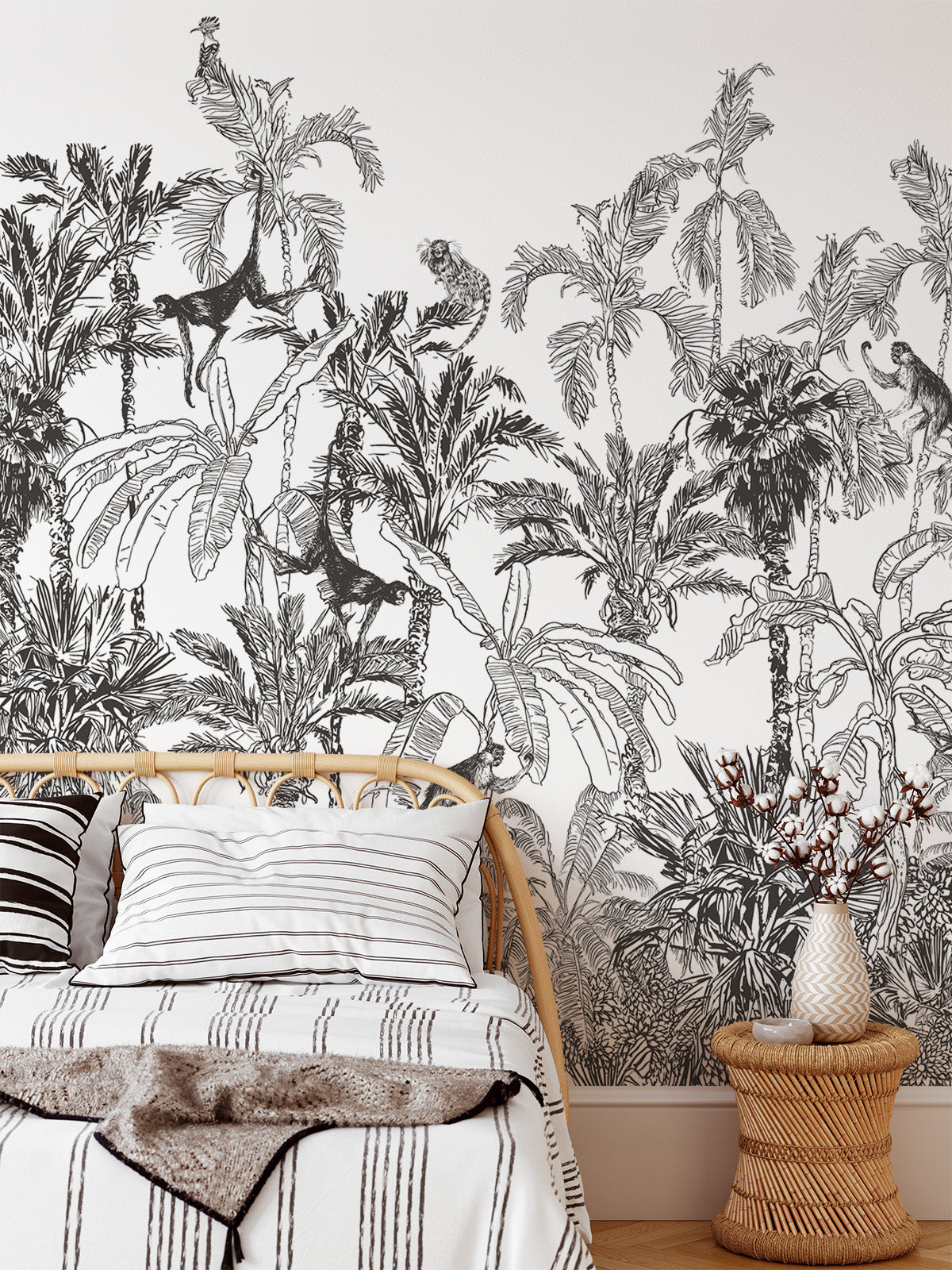 Black And White Jungle Tropical Mural Wallpaper