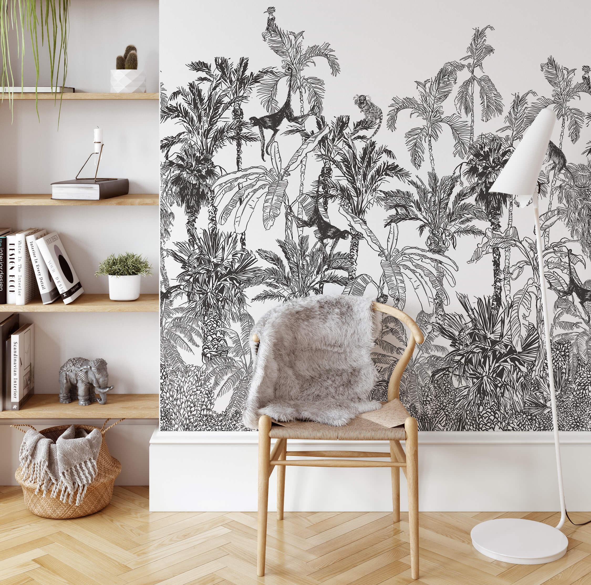 Black And White Jungle Tropical Mural Wallpaper
