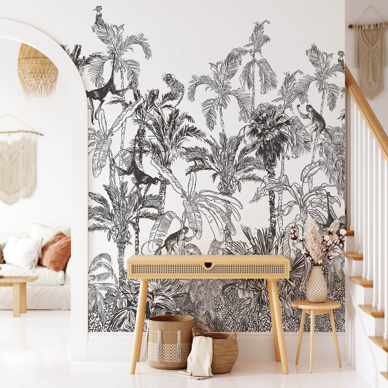 Black and white mural design jungle wallpaper for modern interiors