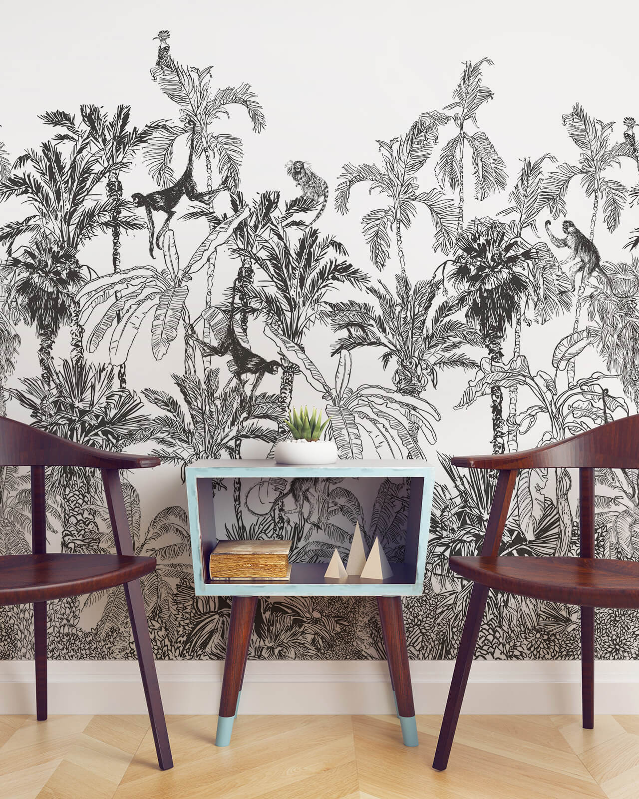 Black and white tropical leaf mural wallpaper for living room and bedroom walls
