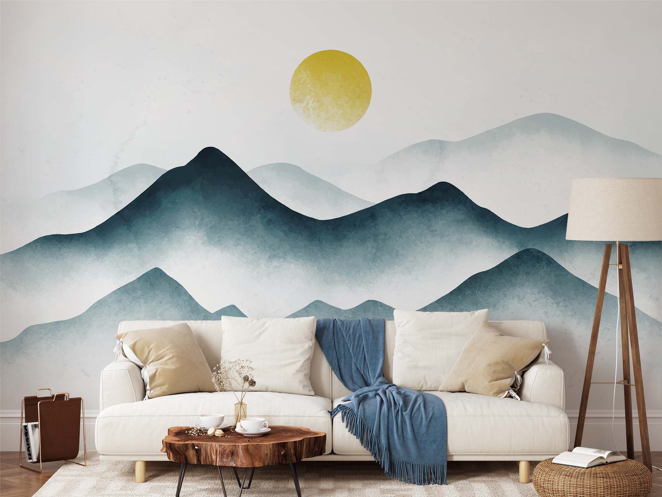 Blue mountain and garden scene mural wallpaper for bedroom and entryway