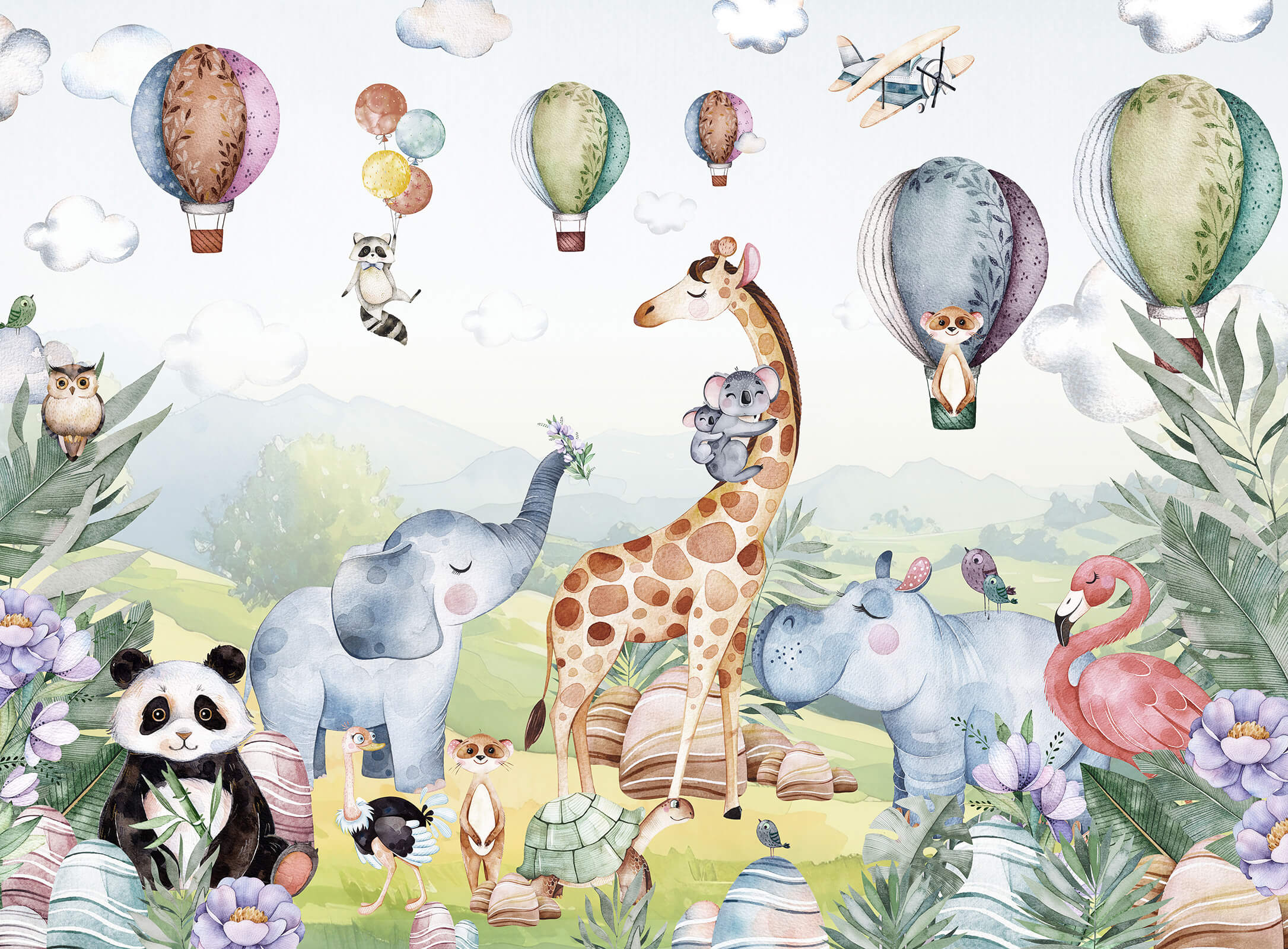 Colorful animal adventure with baby deer and zebra wallpaper for kids room