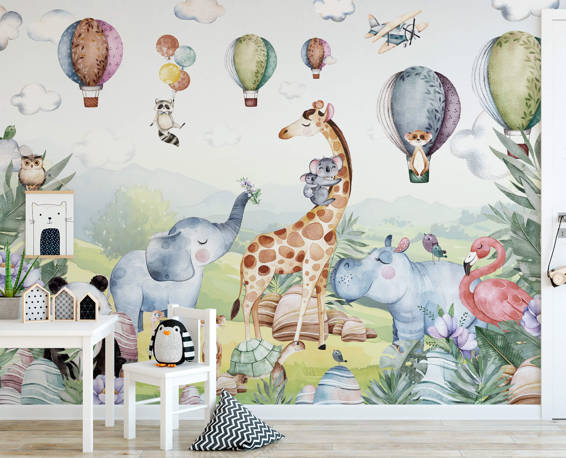 Cute animal safari with airplane, deer, hippo and elephant wallpaper