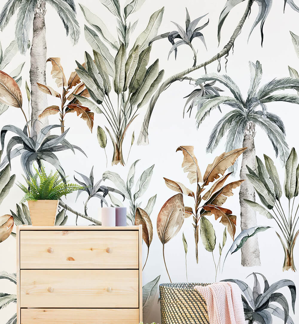 Green and white jungle leaves pattern wallpaper for living room and bedroom walls
