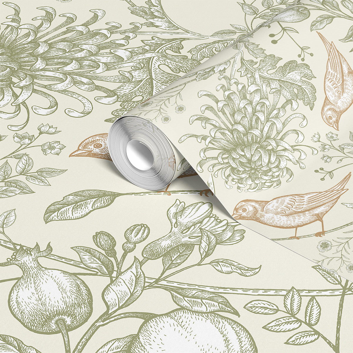 Vintage Botanical Birds & Pomegranate Wallpaper