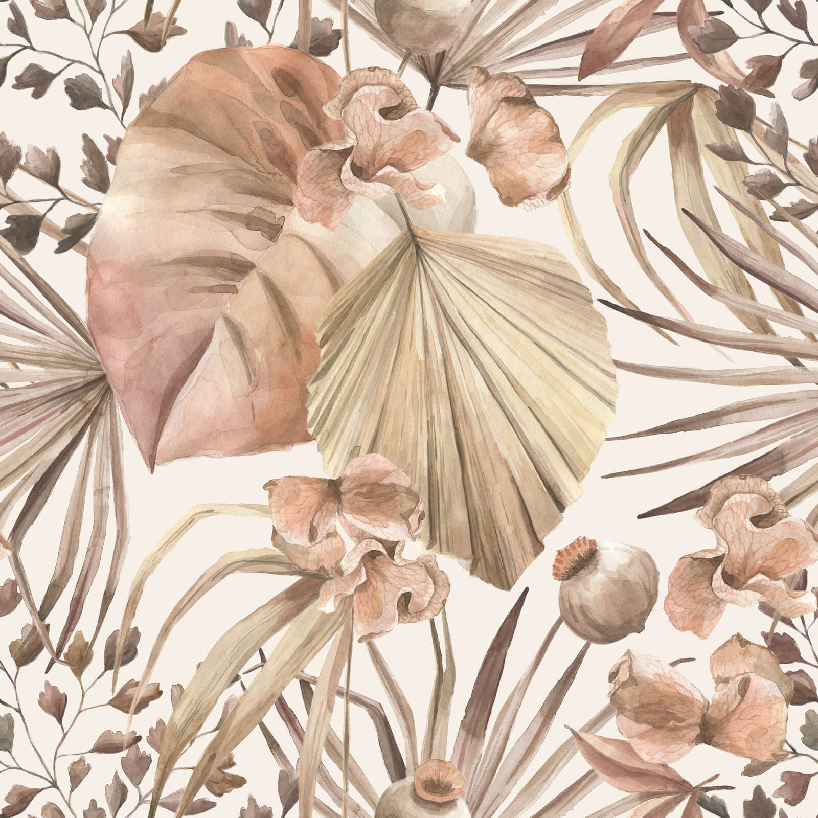 Neutral Tropical Monstera Leaves Watercolor Wallpaper