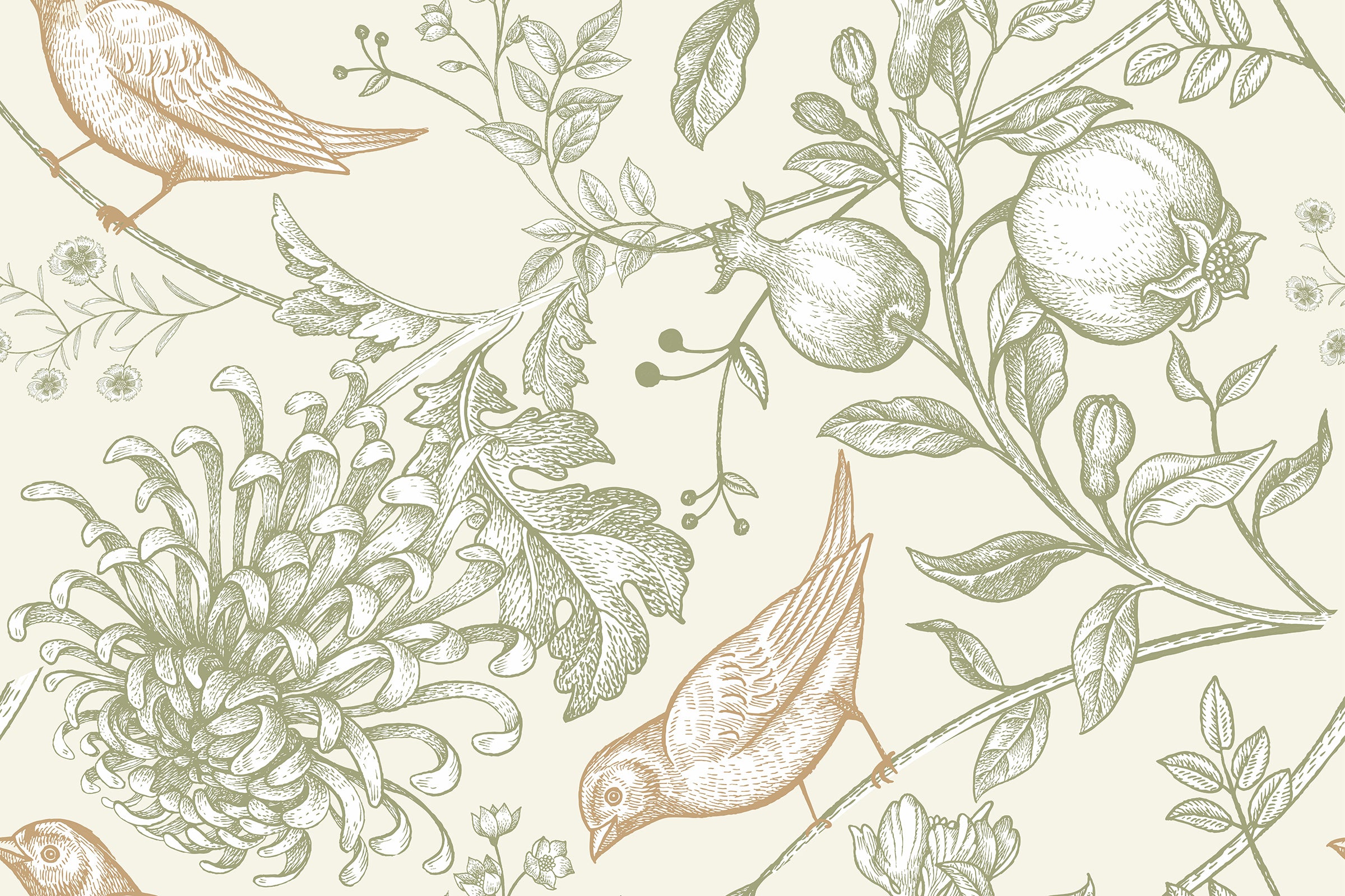 Vintage Botanical Birds & Pomegranate Wallpaper