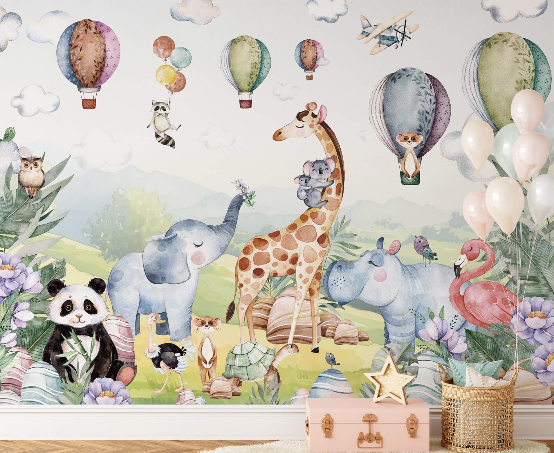 Peel and stick blue cartoon animal with baby zebra and elephant wallpaper