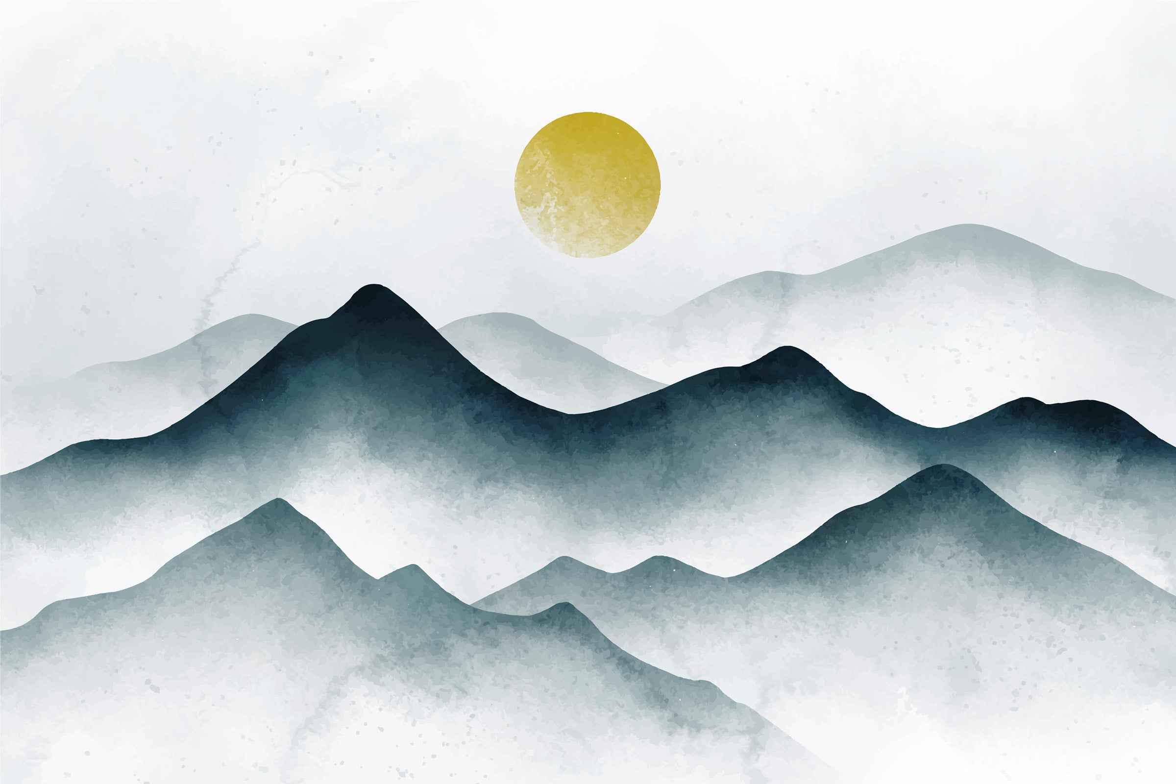 Peel and stick landscape with foggy mountain and sun design wallpaper