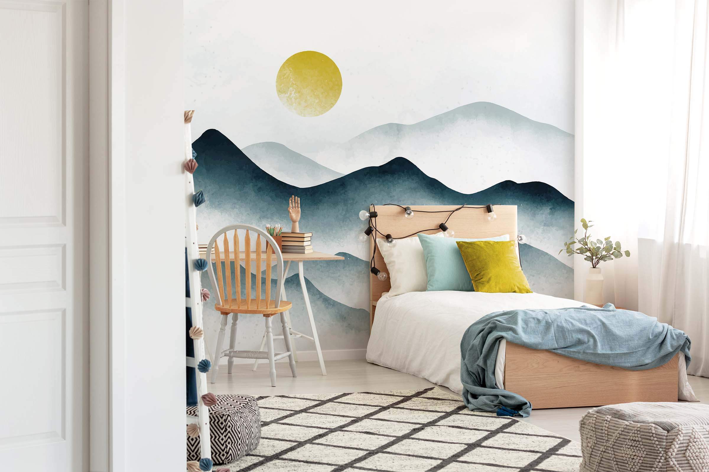 Removable blue mountain wallpaper for living room accent wall