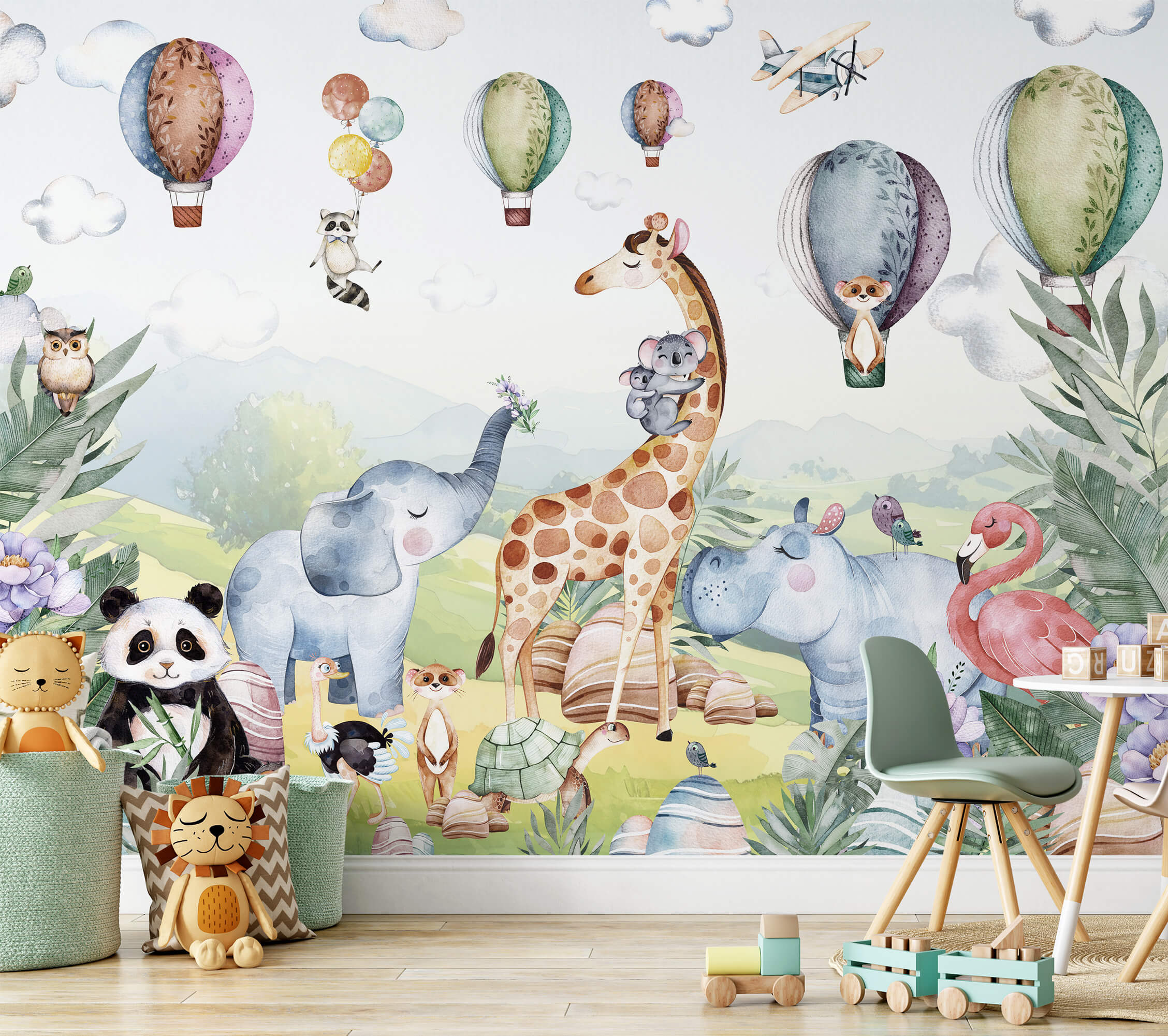 Vinyl cartoon jungle animal wallpaper for nursery or toddler room