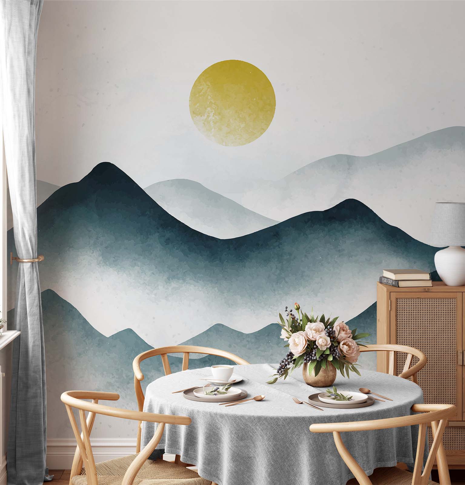 Vinyl watercolor landscape with misty mountains and sun wallpaper