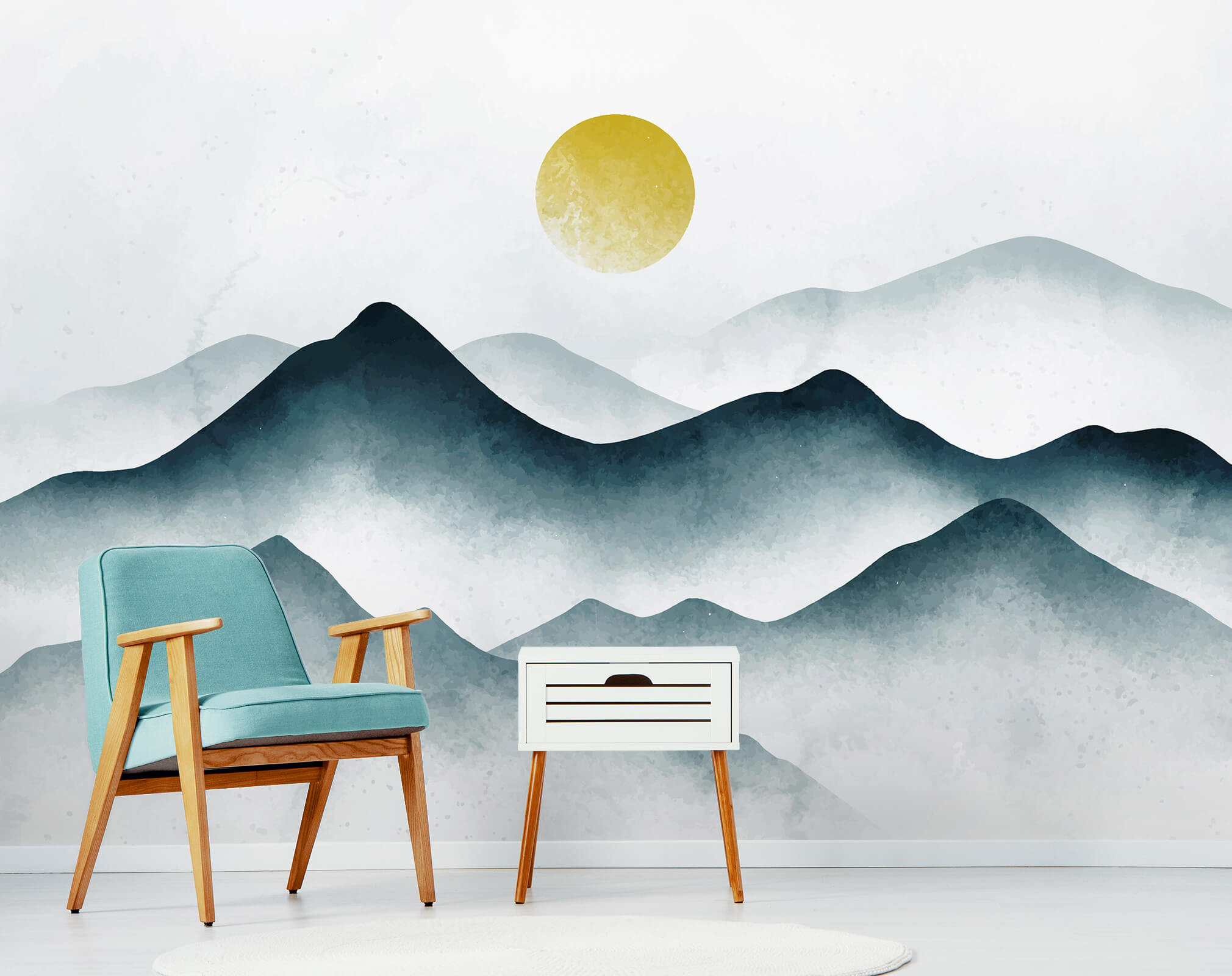 Watercolor blue mountains mural wallpaper for living room and bedroom walls