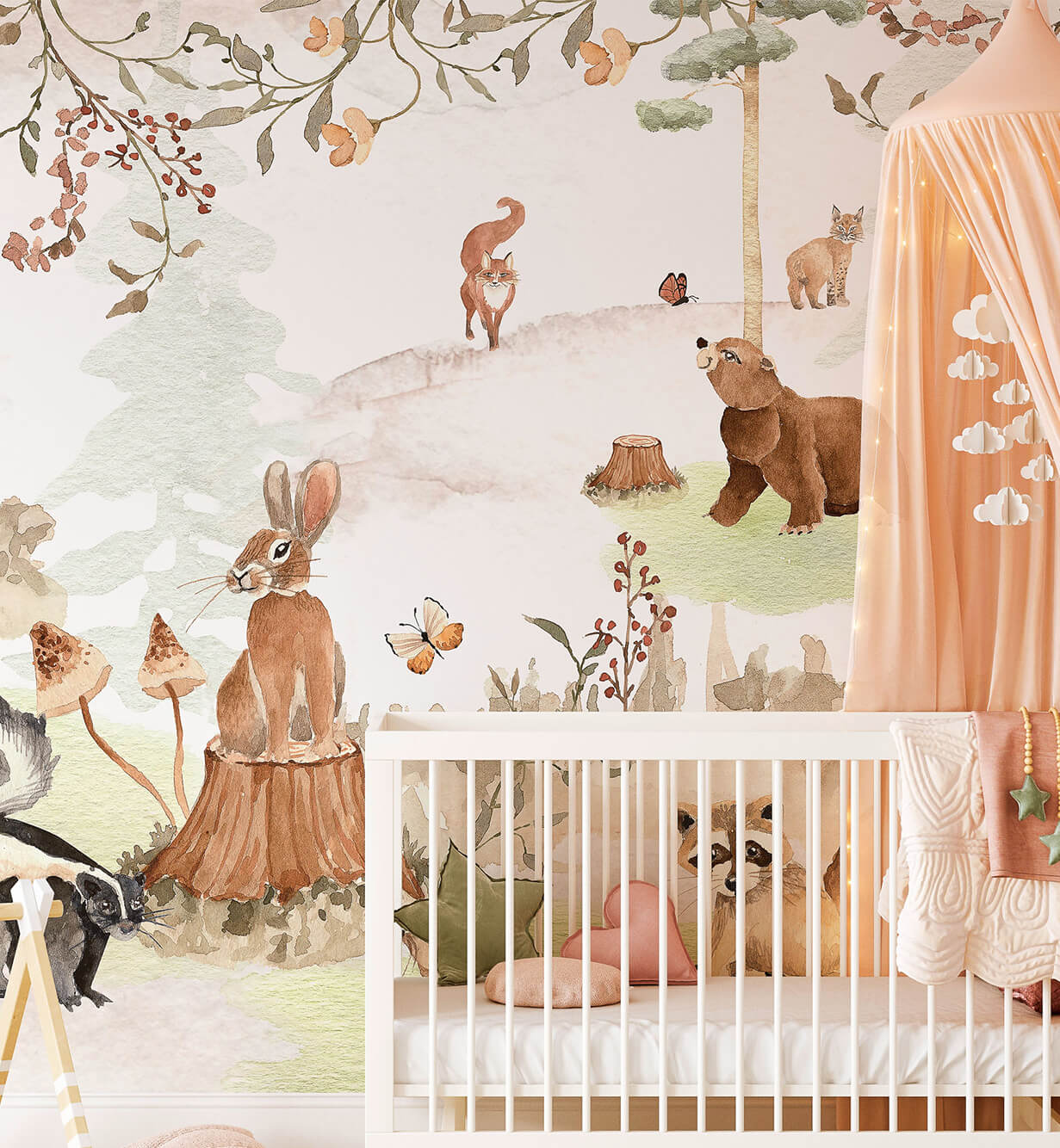 White woodland forest wallpaper for kids room