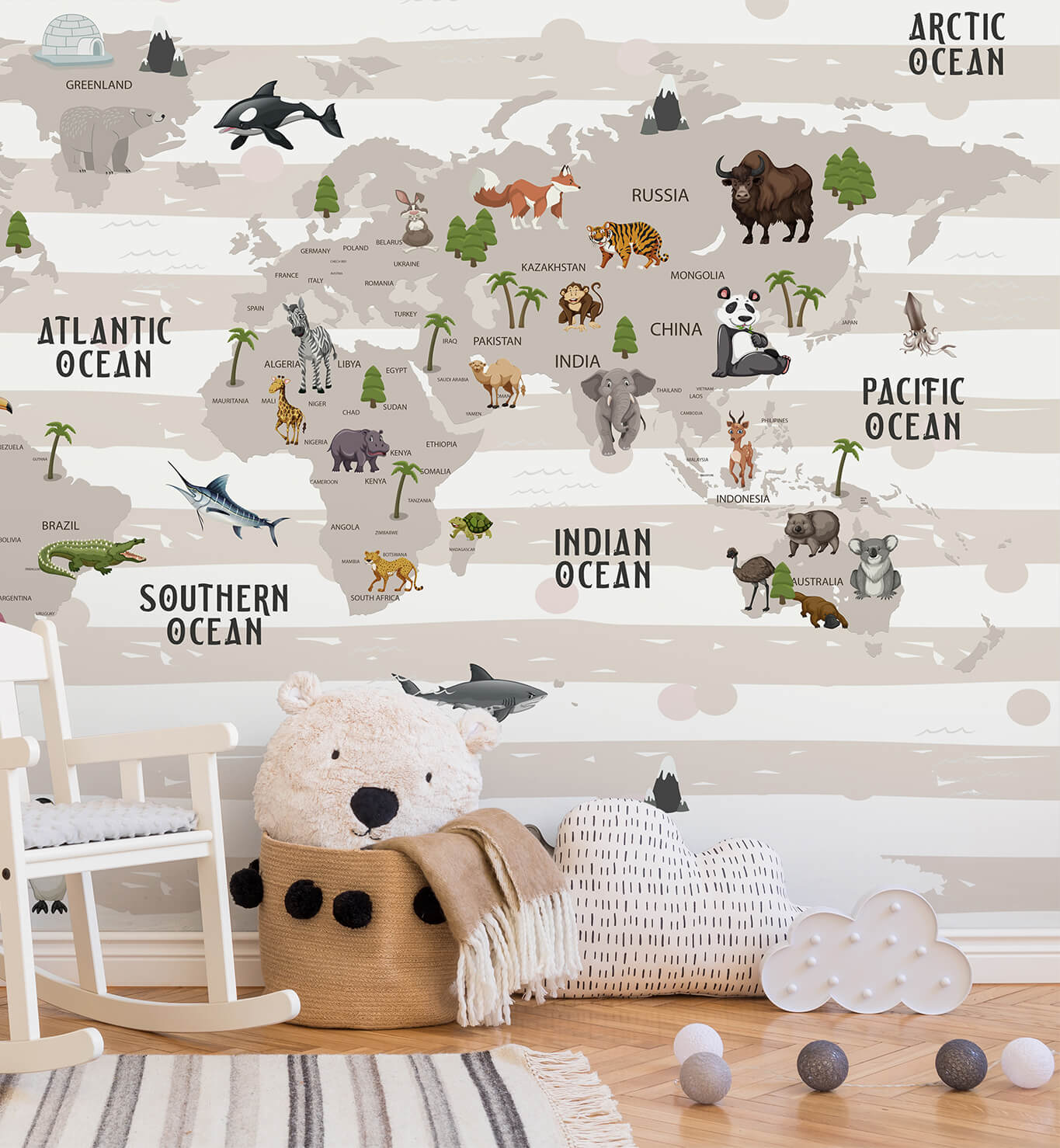 White world globe featuring wildlife and geography theme mural wallpaper