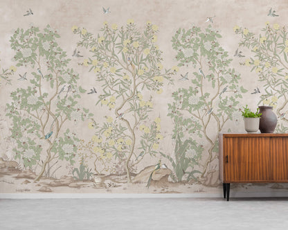 Vintage Chinoiserie Fling Bird Wallpaper