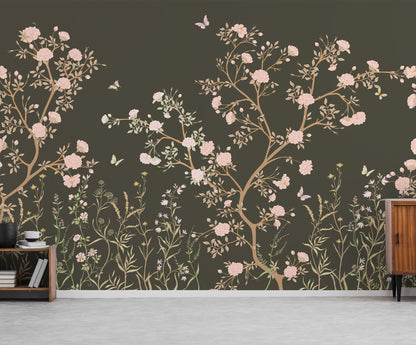 Blossom Chinoiserie Trees With Butterfly Wallpaper