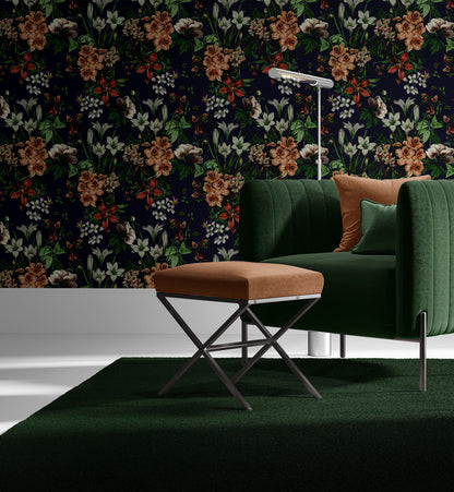 Dark Blooming Flower Pattern Wallpaper
