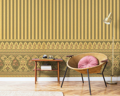 Gold Vintage Floral Stripe Wallpaper