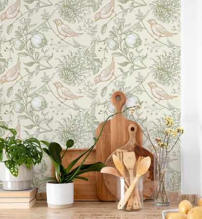 Vintage Botanical Birds & Pomegranate Wallpaper