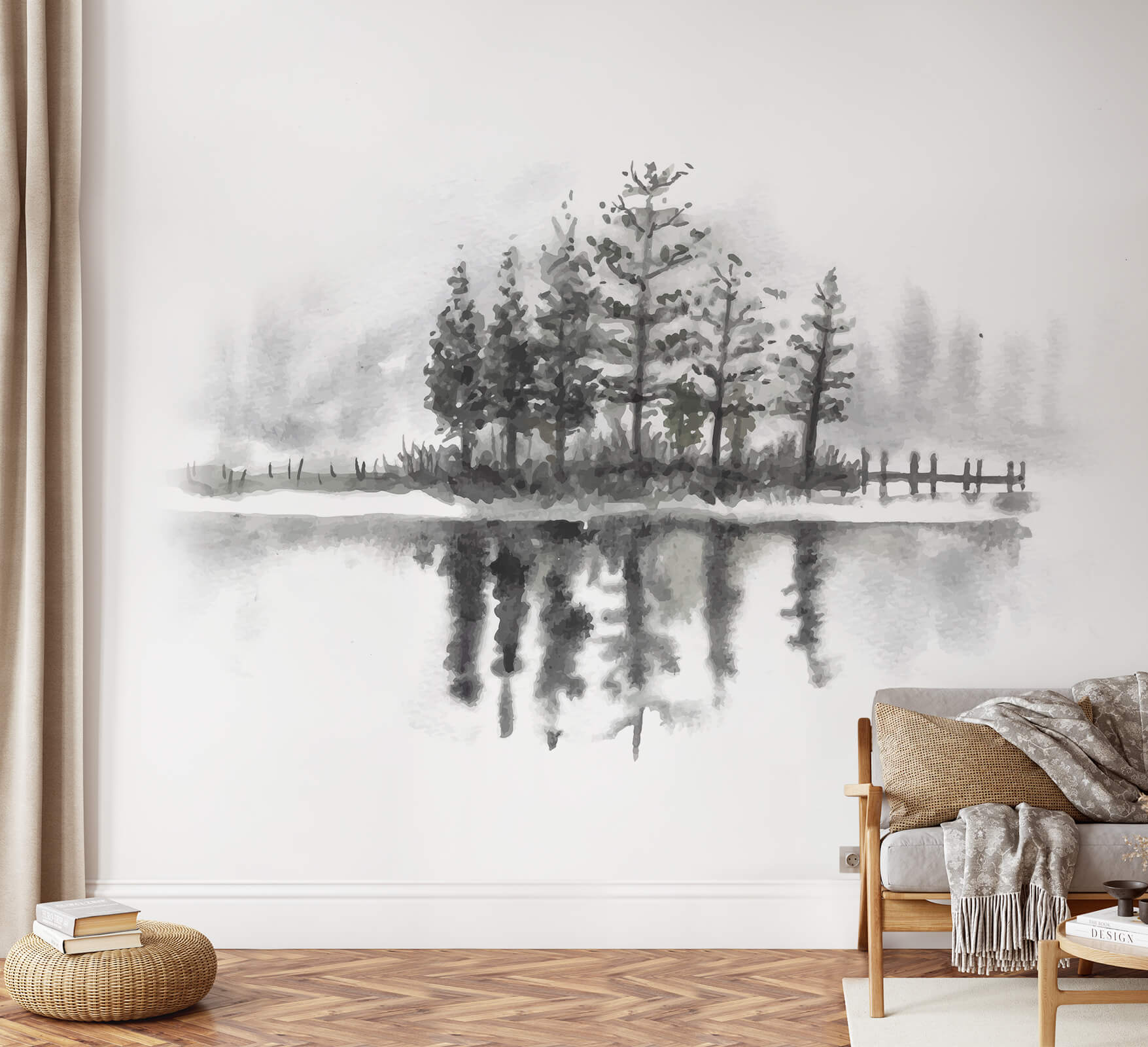 Black Pine Trees With Lake Watercolor Wallpaper