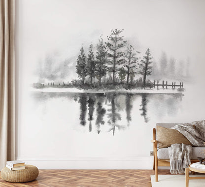 Black Pine Trees With Lake Watercolor Wallpaper