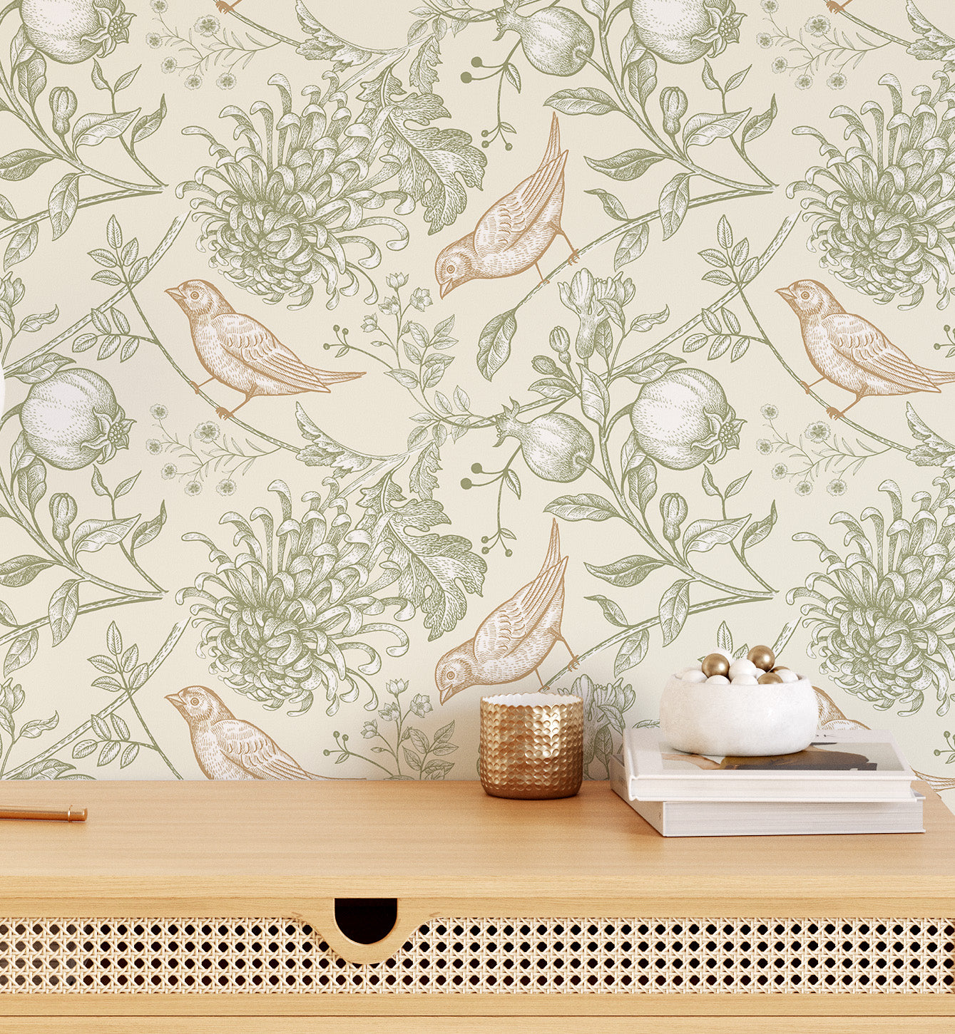 Vintage Botanical Birds & Pomegranate Wallpaper