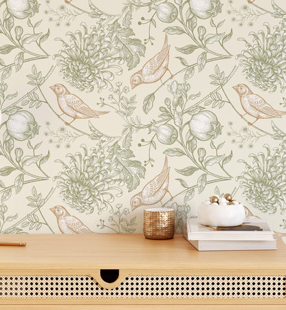 Vintage Botanical Birds & Pomegranate Wallpaper