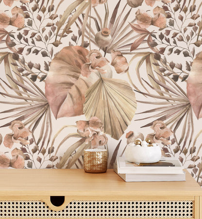 Neutral Tropical Monstera Leaves Watercolor Wallpaper