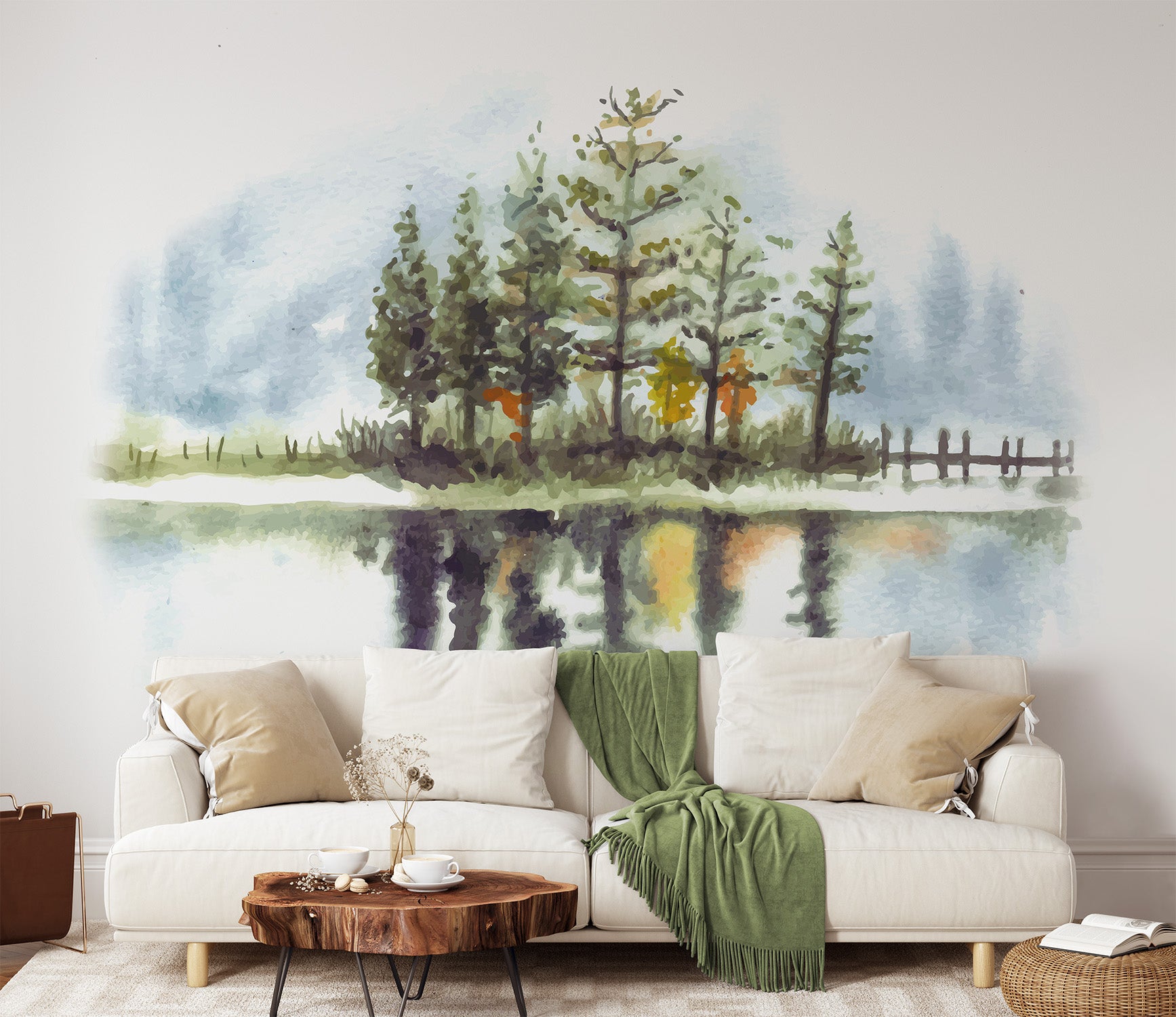 Pine Trees With Lake Watercolor Wallpaper