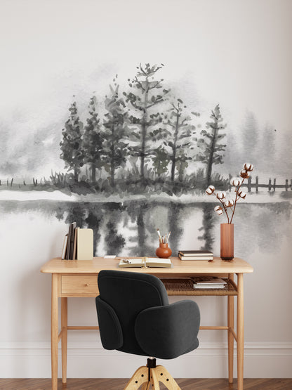 Black Pine Trees With Lake Watercolor Wallpaper