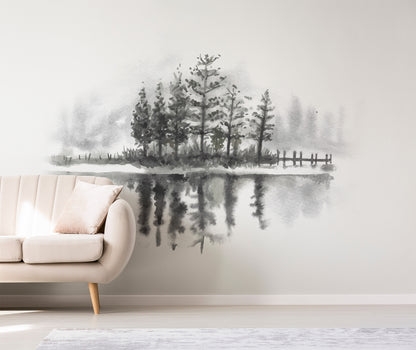 Black Pine Trees With Lake Watercolor Wallpaper