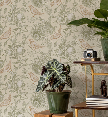 Vintage Botanical Birds & Pomegranate Wallpaper